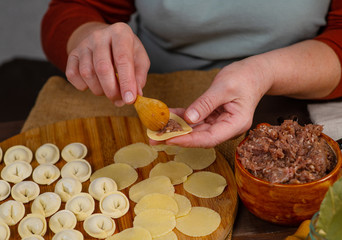 Woman cook sculpts dumplings with his hands, close-up. On the table is minced meat and rolled circles of dough