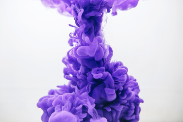 Purple color ink in water on a white background.