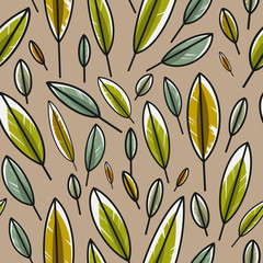 Colorful leaf pattern isolated on beige background. Seamless feather pattern