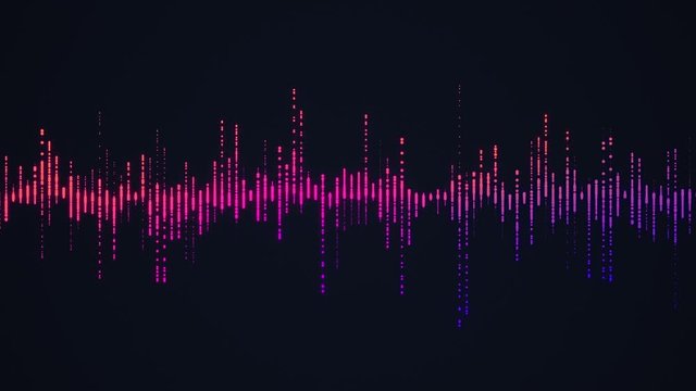 Bright colorful equalizer animation. Visualization of recording, playback of soundtrack, voice, music. 4K audio waveform background in purple colors. Technologic backdrop. Dynamic hanging sound tune