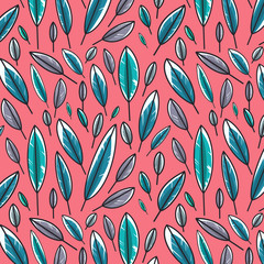 Colorful leaf pattern isolated on pink background. Seamless feather pattern