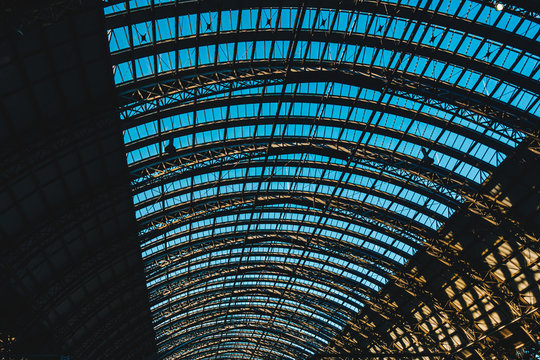 Steel roof structure pattern design for Train station with Blue sky