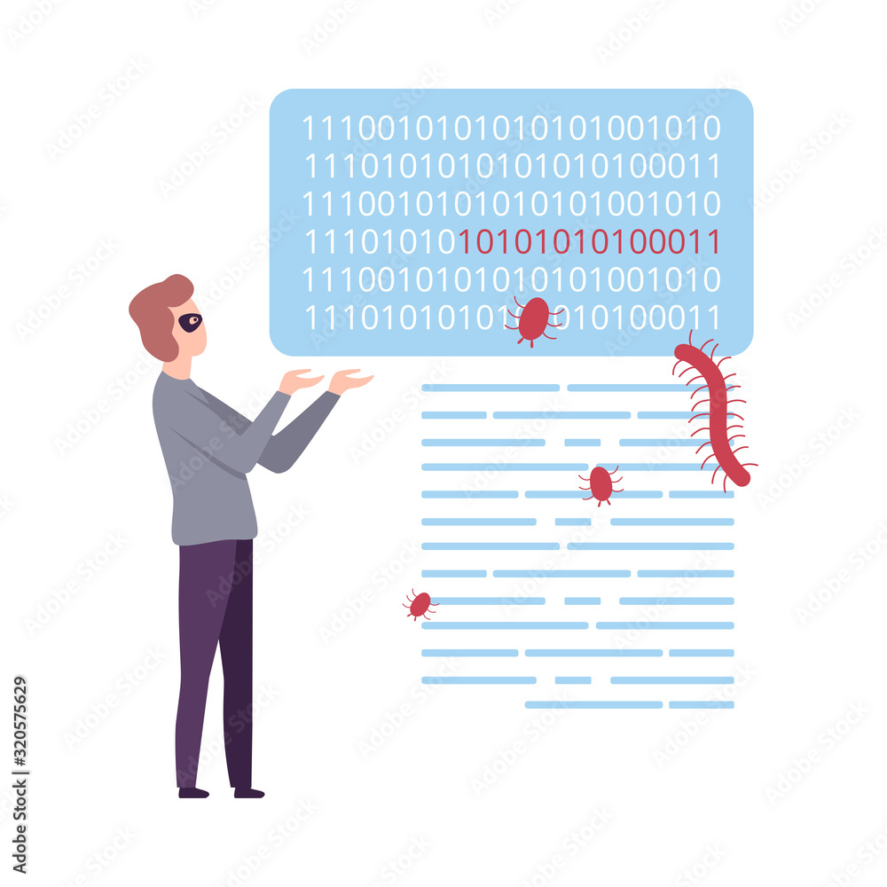 Poster masked hacker coding at computer, cyber crime, computer attack, virus infection vector illustration