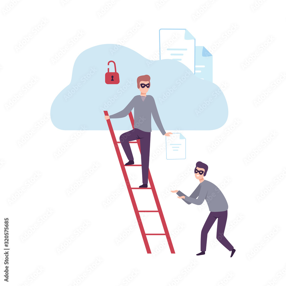Poster masked thieves stealing data from the cloud database, cyber crime, hacking and phishing vector illus