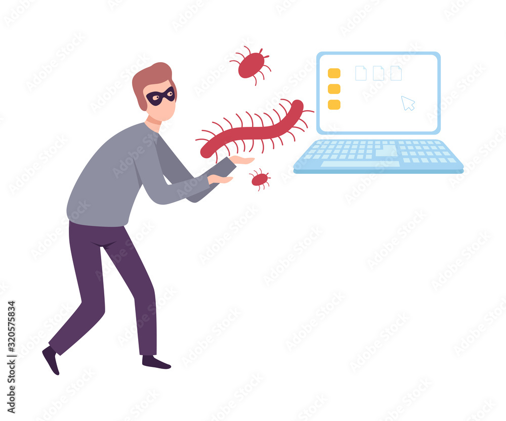 Poster masked hacker stealing privacy data from laptop using virus and bugs, cyber crime, hacking and phish