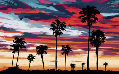 Evening on the beach with palm trees. Beautiful sunset over the beach with palm trees. Palm trees against the background of the orange sky. Vector illustration in picturesque style