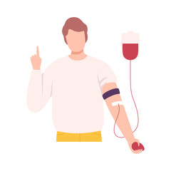 Male Donor or Volunteer Character Giving Blood in Medical Hospital, Blood Donation Flat Vector Illustration