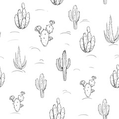 Seamless pattern with cacti and flowers. Hand drawn sketches converted to vector