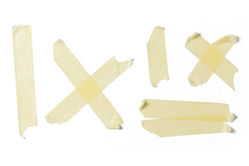 Yellow sticky tape collection, duct strips isolated on white background.