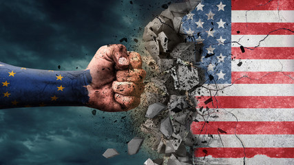 Fist breaking rock. EU destroying USA - obrazy, fototapety, plakaty