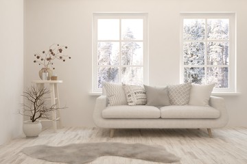 Stylish room in white color with sofa and winter landscape in window. Scandinavian interior design. 3D illustration