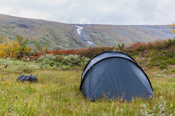 Camping with a view over mountain landscape, Lapland, Sweden.