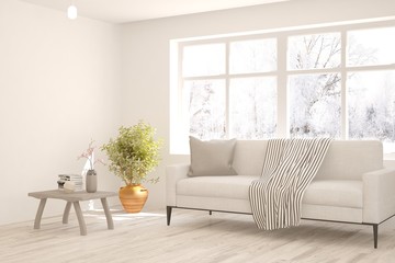 Stylish room in white color with sofa and winter landscape in window. Scandinavian interior design. 3D illustration