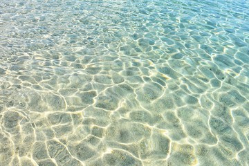 Soft focus. Abstract water background. Clean transparent azure water backdrop. Pure sea with sun glare on the surface of water. Textured water surface with selective focus and sun beams. Summertime 