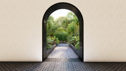 Solid wall and arch entrance gate open to tropical garden,classic floor pattern. 3D illustration