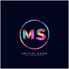 Initial letter MS curve rounded logo, gradient vibrant colorful glossy colors on black background - obrazy, fototapety, plakaty
