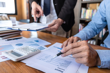 Group of Business team conference on meeting presentation to planning investment project working and strategy of business making conversation with partner, financial and accounting concept