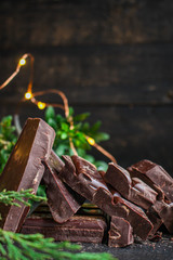 chocolate (delicious cocoa dessert, pieces ofbackground. top view. copy space sweets) menu concept. food 