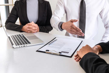 Obraz premium Business committee or interviewer consider and asking about profile of candidate, consider resume conducting a job and conversation listen to answers to thought attitude