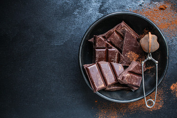 chocolate (delicious cocoa dessert, pieces ofbackground. top view. copy space sweets) menu concept....