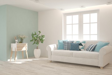 Stylish room in white color with sofa. Scandinavian interior design. 3D illustration