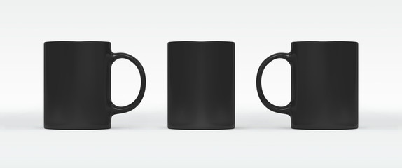 Black coffee or tea cup on white background. Blank mug mock up with different sides. Empty gift pint set branding template. Glassy restaurant clean tankard for your design.