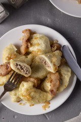 Pierogi, dumplings served with caramelized salted onion in bowl. Traditional Polish dish - pierogi or dumplings with meat, potatoes, mushrooms, sour cream and fried onions. Cut dumplings. View from ab