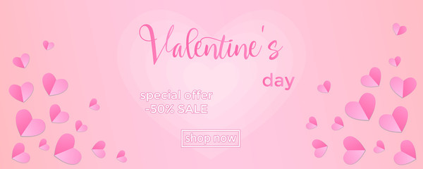 Valentine's Day Sale Banner, 14 February celebrating, love, gradient background with paper hearts and handwriting sign. Vector illustration in soft pink colors.