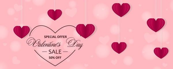 Valentine's Day Sale Banner, 14 february celebrating, love, peach background with paper hearts hanging on strings and handwriting sign. Vector illustration in soft pink colors. Blurry hearts, bubbles 