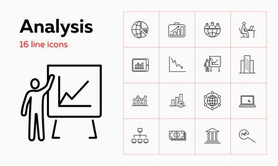 Analysis line icon set. Graph, presentation, globe. Finance concept. Can be used for topics like global business, marketing, exchange