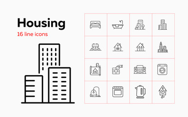 Housing line icon set. Bedroom, building, kettle. Construction concept. Can be used for topics like real estate development, apartment, rent, residential property