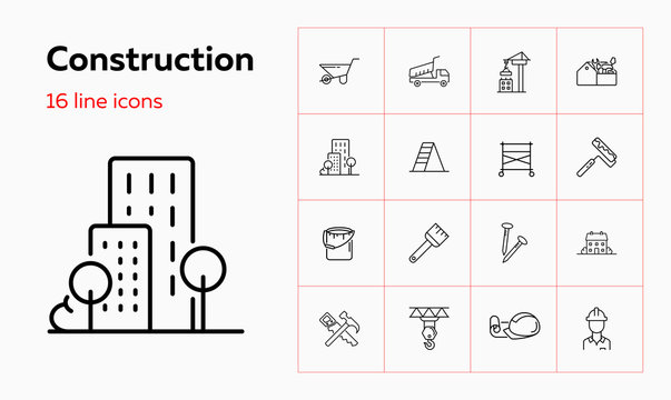 Construction site line icon set. Cart, crane, saw, worker. Construction concept. Can be used for topics like real estate, contractor tools, building works
