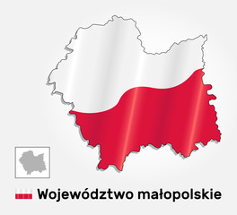 Naklejka premium Map of Poland voivodeship Lesser Poland combined with waving Polish national flag. Silhouette or borders for geographic themes - Vector .