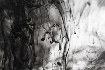 Abstract black and white background: ink effectively spread in the water. Copyspace.