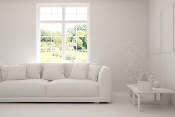 Mock up of stylish room in white color with sofa and green landscape in window. Scandinavian interior design. 3D illustration