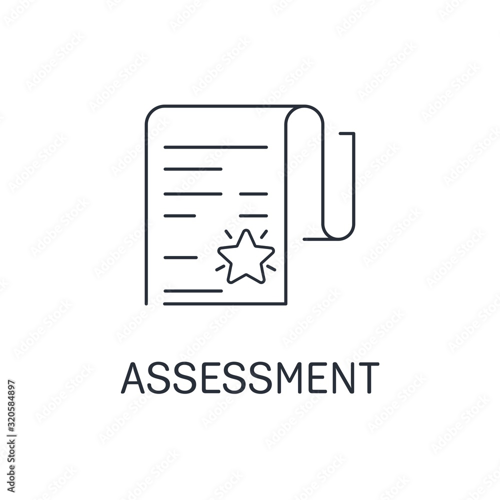 Poster document with an asterisk. assessment. vector linear icon on a white background.