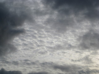 nubes Cúmulos juntándose en estilo empedrado para montar tormenta, en colores blancos y grises