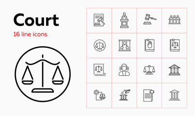 Court line icon set. Jury box, jail, constitution. Justice concept. Can be used for topics like crime, law, human rights