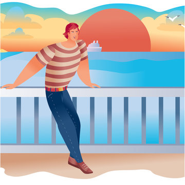man standing on the embankment with his hands on the railing, back to the setting red sun and blue sea,