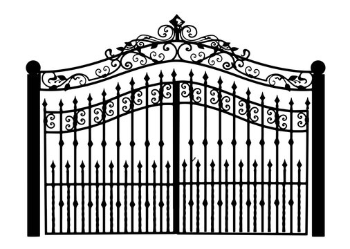 Gates forged sketch. Artistic forging. Iron door design. Vector illustration isolated on white background. Exterior. Garden gate.
