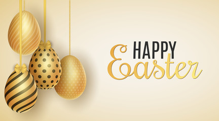 Happy Easter poster. Hanging golden eggs with a pattern on a light background. Festive template for your design. Vector illustration