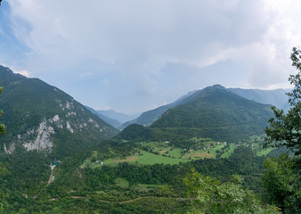 Summer near Budva, view on mountains. Montenegro, Balkans, Adriatic sea, Europe. View from the top of the mountain road path.
