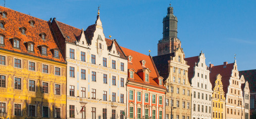 Colorful facade houses at Market Square in Wroclaw, Poland