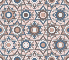 Abstract geometric seamless pattern. Abstract arabic pattern for wallpaper, textile, background. Ornament from blue, brown and beige stars and hexagons