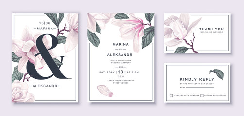 .Botanical wedding invitation card template design, white magnolia flowers and leaves. Template design with highly detailed, vector, realistic, spring flowers. Collection of Save the Date and RSVP. - obrazy, fototapety, plakaty
