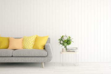 Stylish room in white color with sofa. Scandinavian interior design. 3D illustration