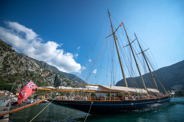 Big Ship with sails in the bay. Great Sailing Yacht. Kotor Bay, Montenegro. Vacation in Europe