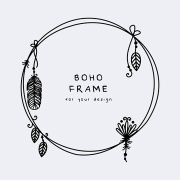 Beautiful Boho Frame With Hanging Feathers And Leaves Vector