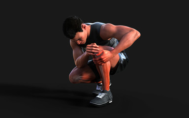 Fototapeta na wymiar 3d Illustration injured man feeling pain in his knee isolate on dark background with clipping path.