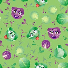Cute seamless pattern with cartoon emoji cabbage
